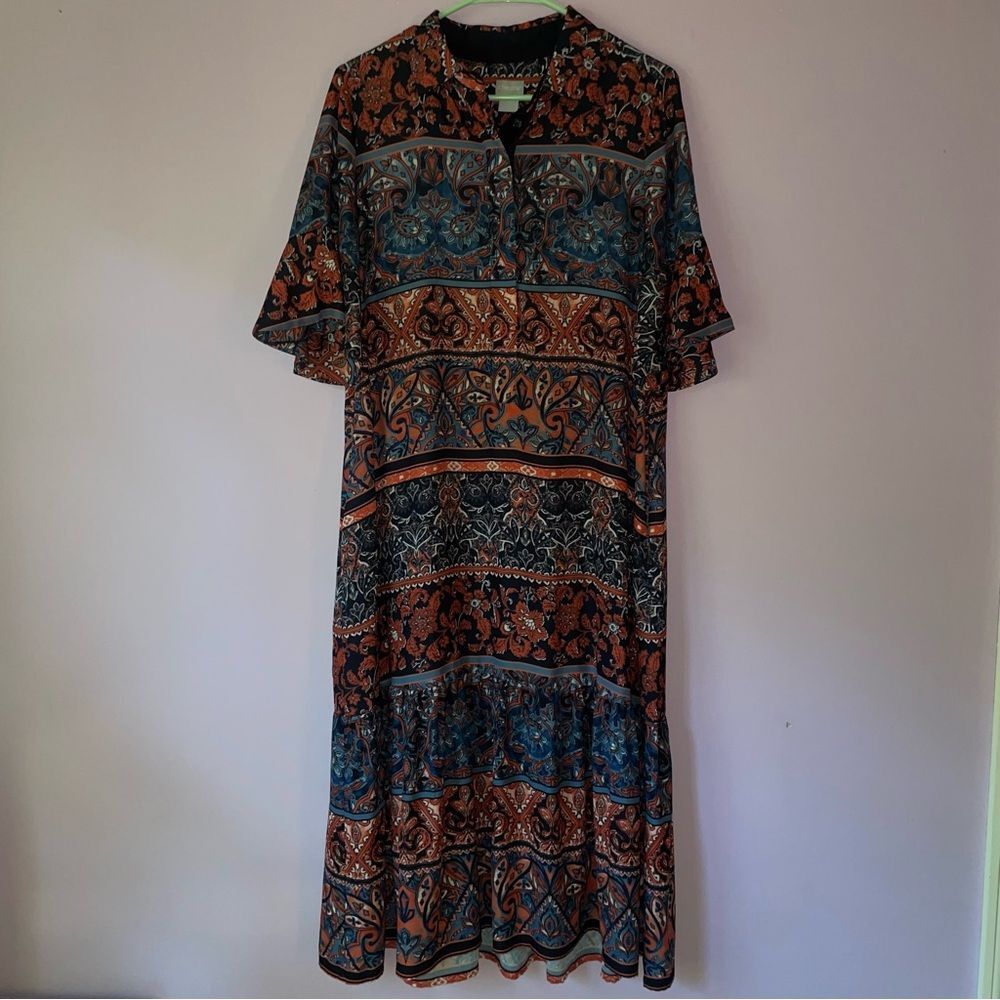 Chico's Midi Shirt Dress Size 10 Blue orange Short Ruffle Sleeve Collar